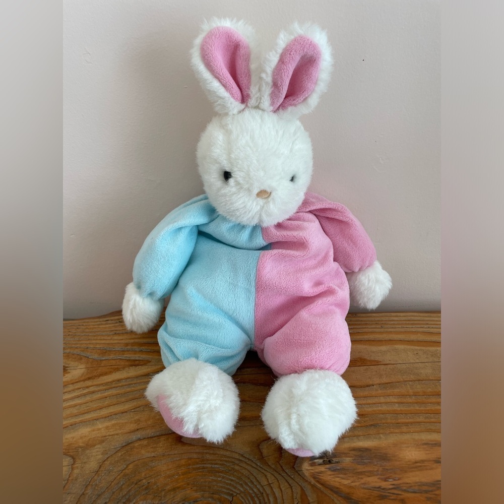 Prestige Toy Corp vintage Bunny Rabbit Plush Rattle White Blue Pink 15”​